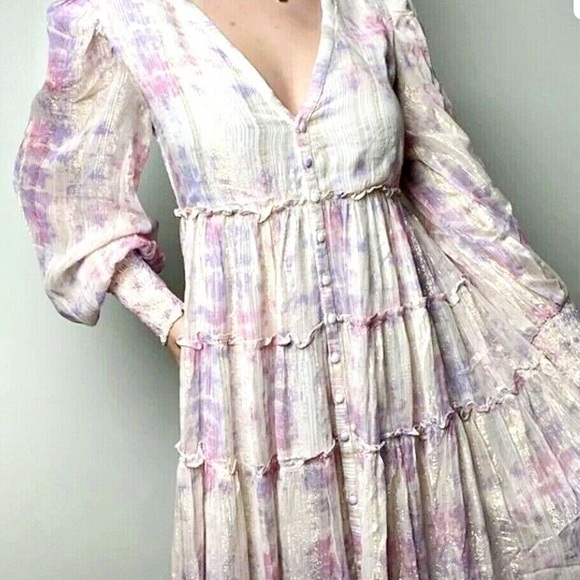 Rococo Sand Emi Metallic Shimmer Purple and Pink Long Sleeve Maxi Dress - Picture 15 of 15